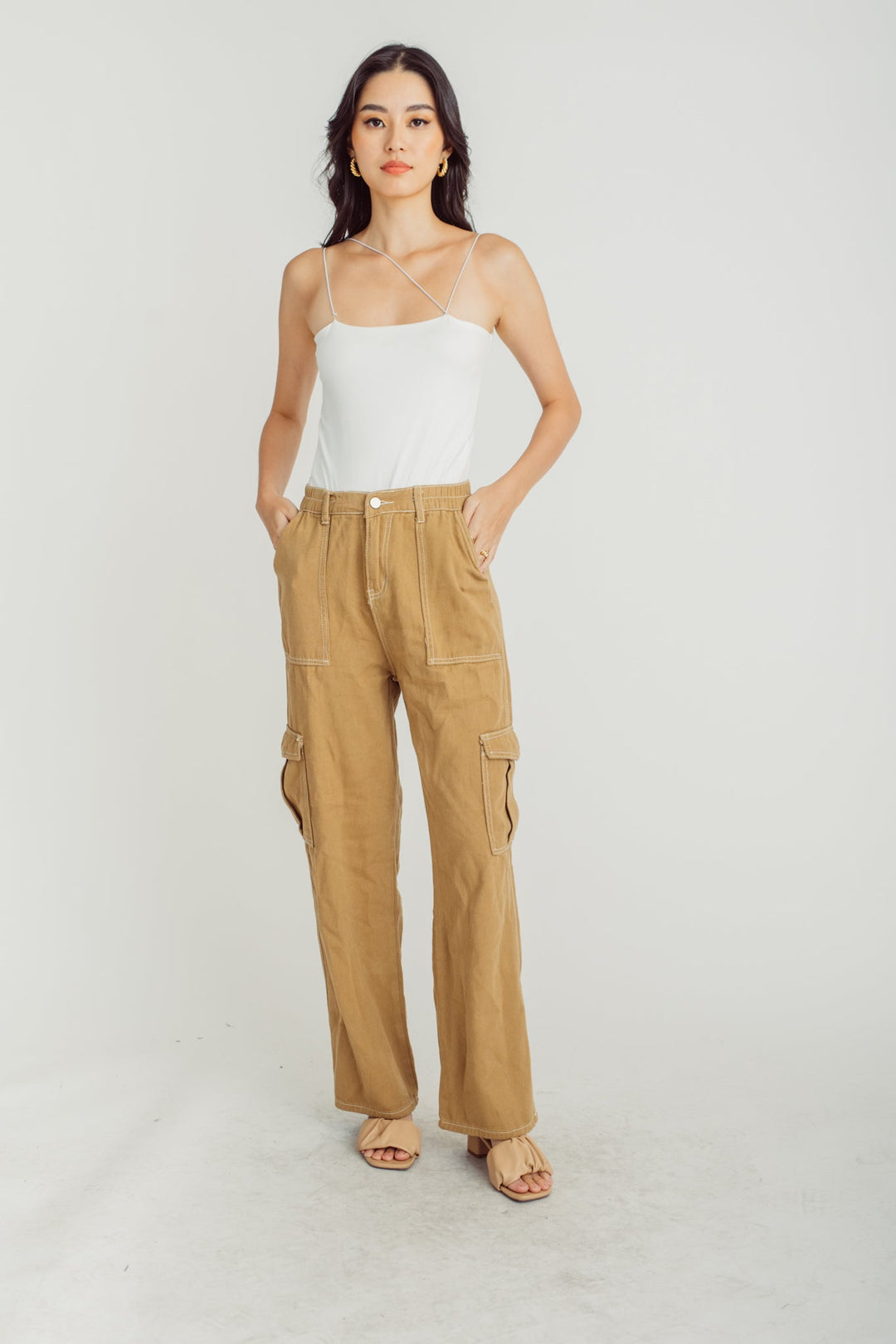 Sasuke Brown Zipper Fly Elastic Waist Multi-Pockets Cargo Pants