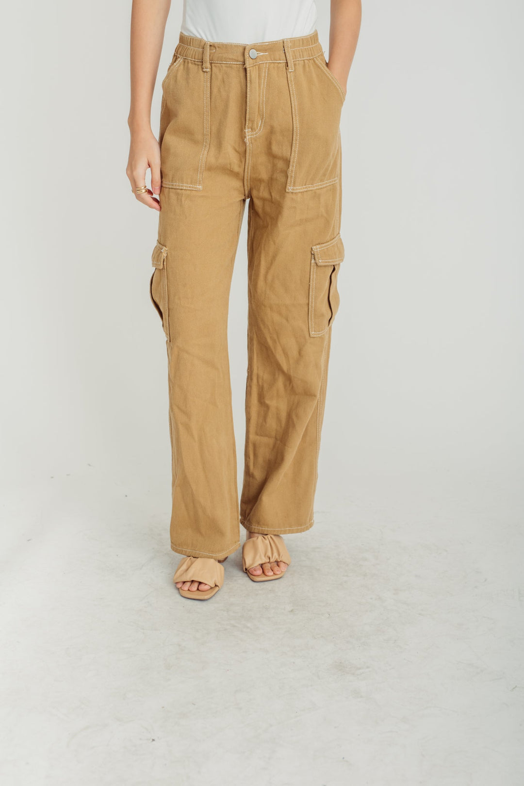 Sasuke Brown Zipper Fly Elastic Waist Multi-Pockets Cargo Pants
