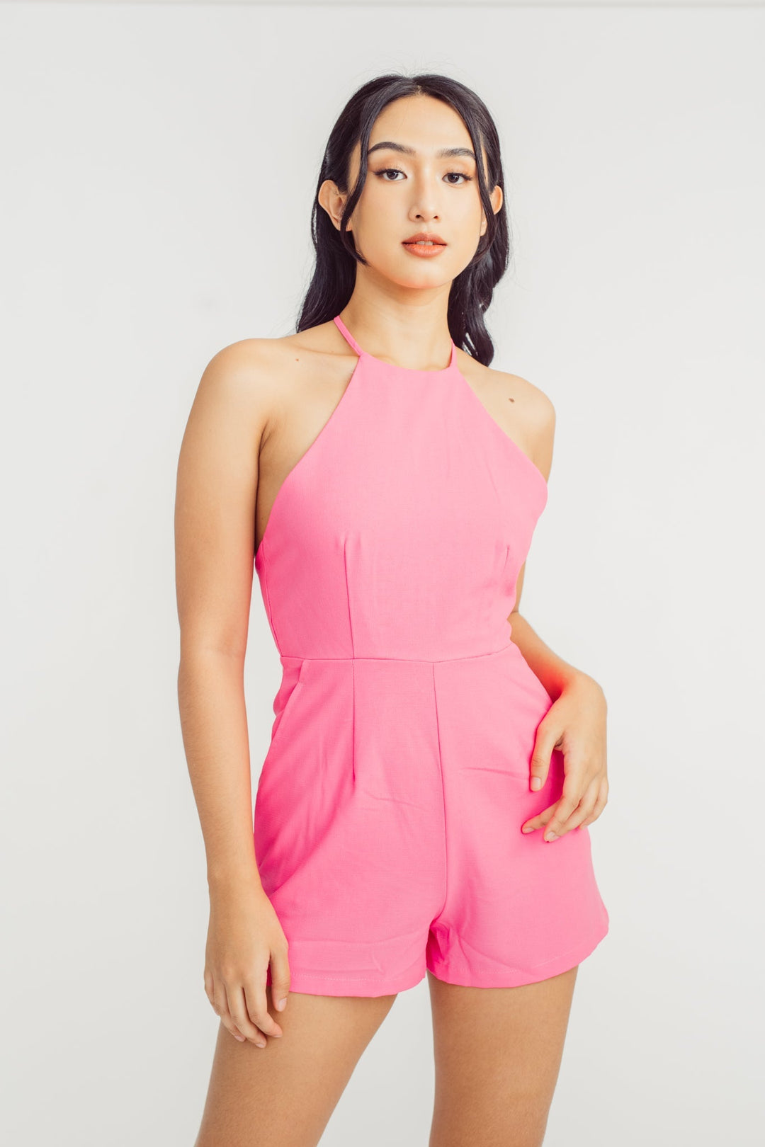 Peony Pink Sleeveless Halter Self Tie Strap Open Back Romper