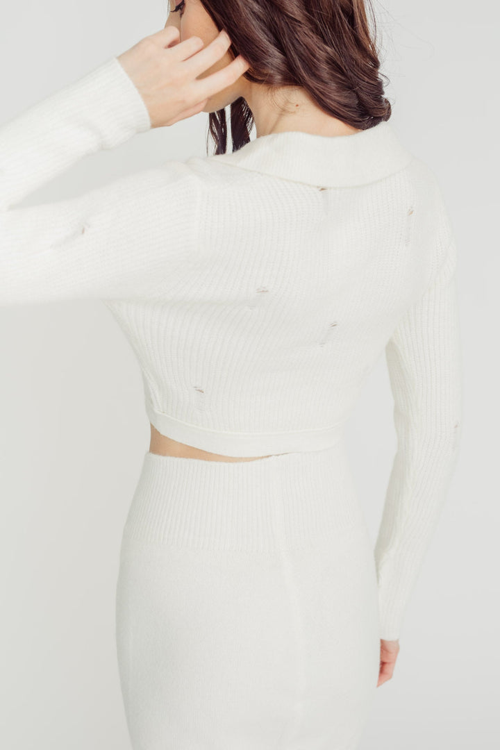Vye White Knitted Collar V Neck Single-Button Long Sleeves Cropped Cardigan Top
