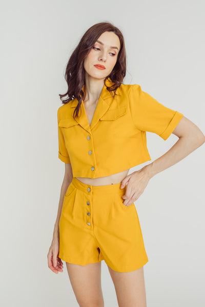 Everill Yellow Short Sleeves Crop Top and Casual Shorts Set
