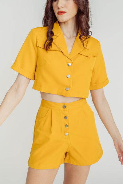 Everill Yellow Short Sleeves Crop Top and Casual Shorts Set