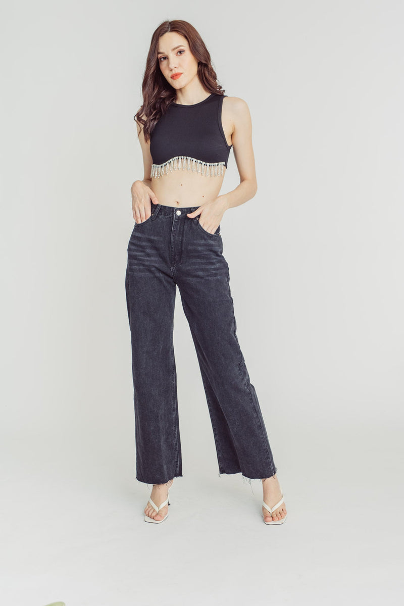 Elisha Black Knitted Scoop Neck Sleeveless Gem Fringe Hem Tank Top