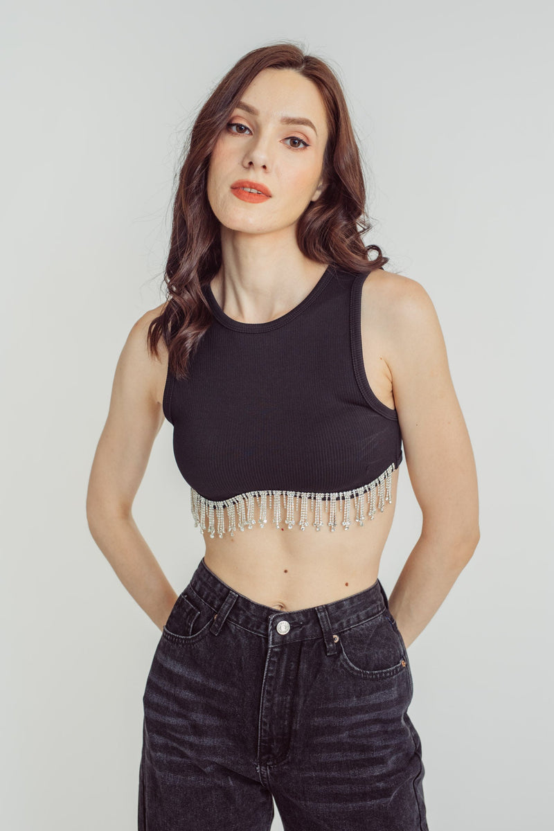 Elisha Black Knitted Scoop Neck Sleeveless Gem Fringe Hem Tank Top
