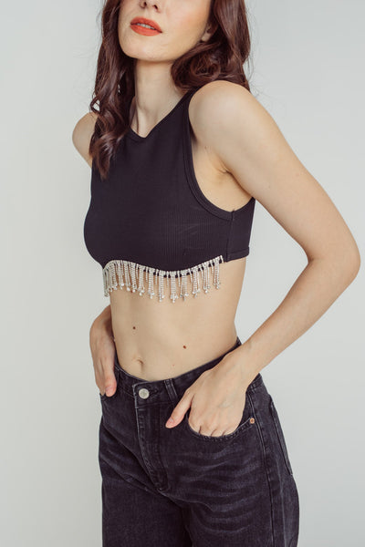 Elisha Black Knitted Scoop Neck Sleeveless Gem Fringe Hem Tank Top