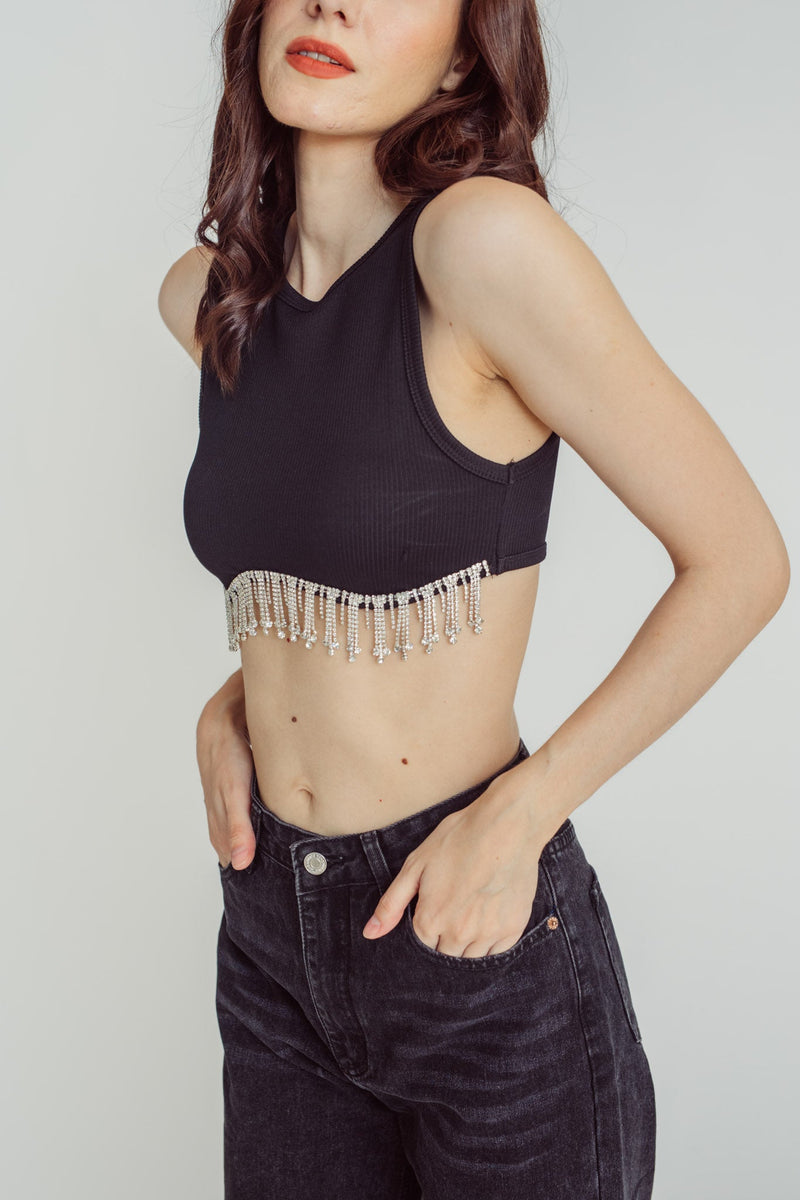 Elisha Black Knitted Scoop Neck Sleeveless Gem Fringe Hem Tank Top