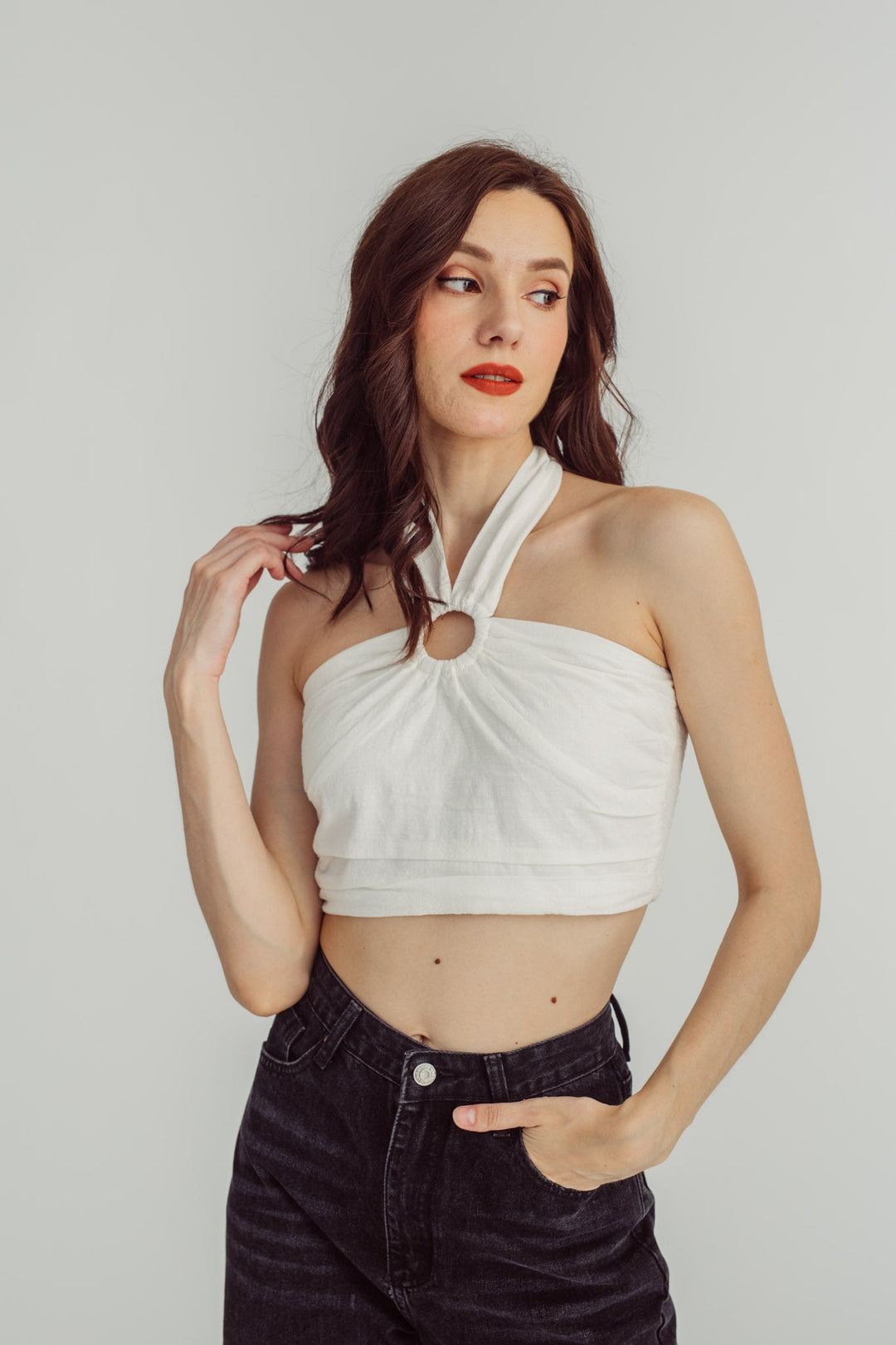 Aleka White Sleeveless Halter Bow Straps Smocked Sides Crop Top
