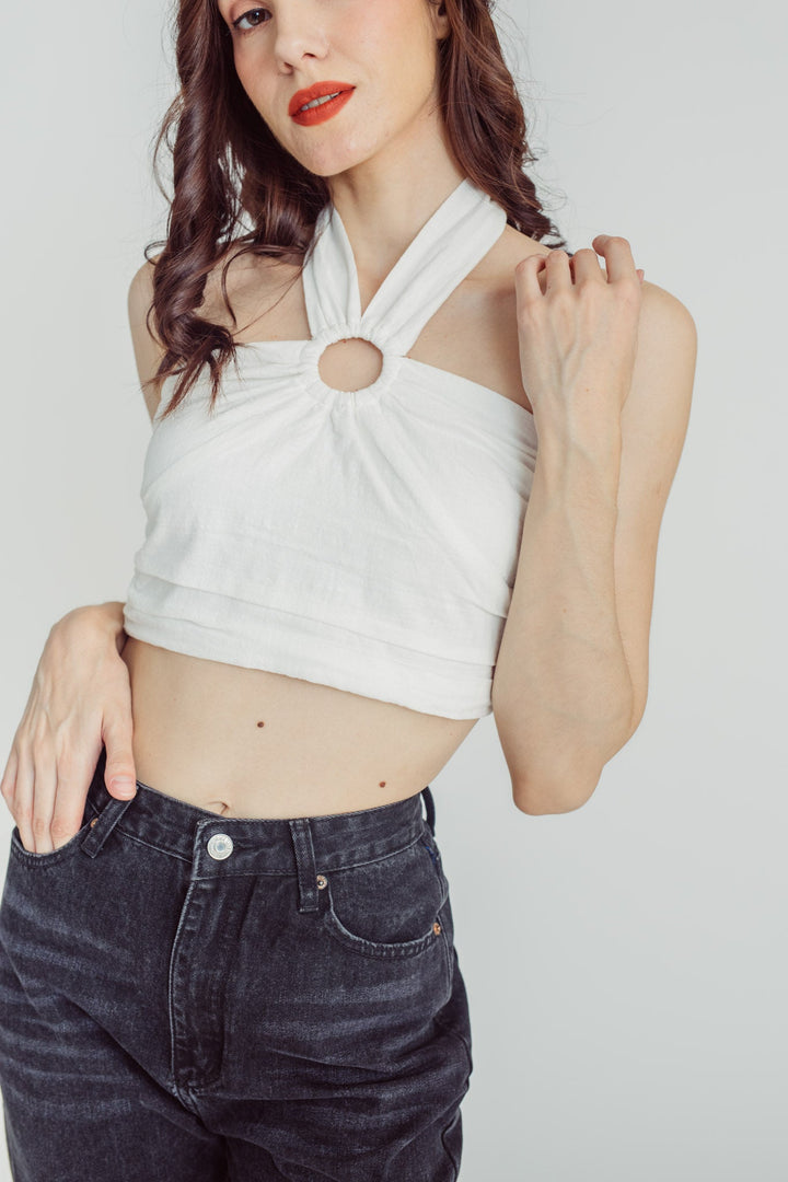 Aleka White Sleeveless Halter Bow Straps Smocked Sides Crop Top