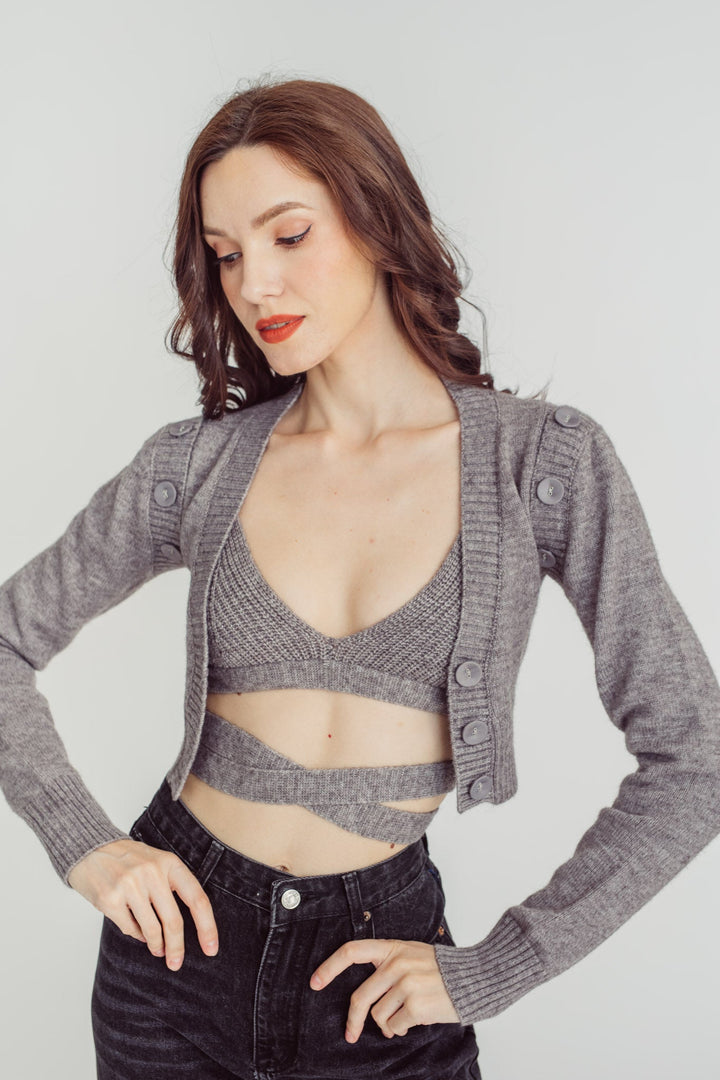 Sabina Gray Knitted V Neck Sleeveless Crop Top with Long Waist Strap