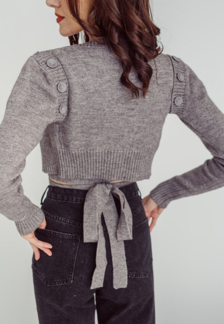 Alessandra Gray Knitted V Neck Button Details Long Sleeves Cropped Cardigan Top