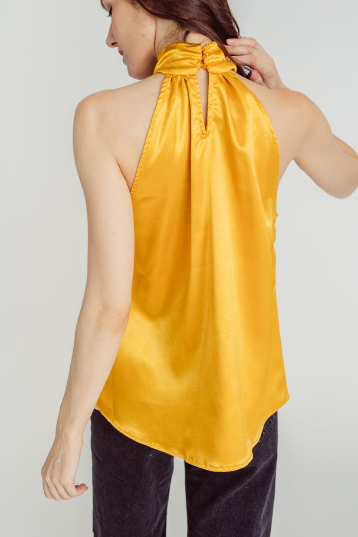 Jennifer Gold Yellow Front Bow Halter Turtle Neck Sleeveless Top