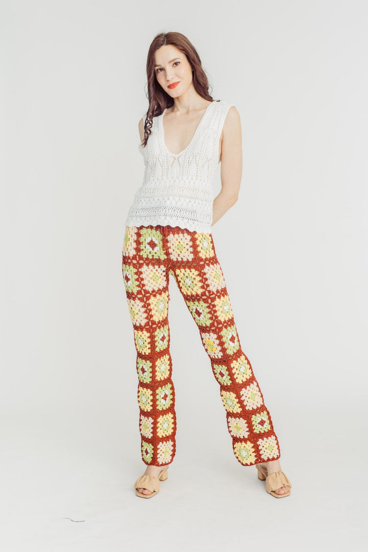 Milana White Knitted Eyelet V Neck Sleeveless Top