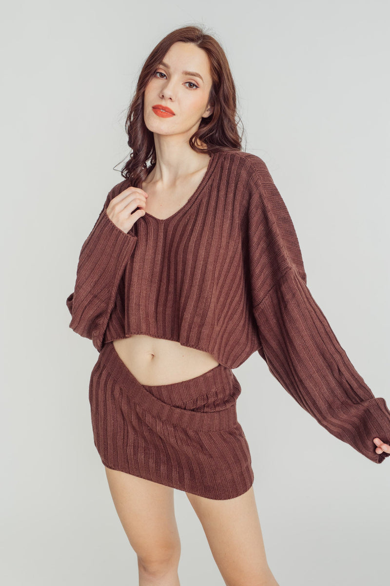 Boleyn Brown Knitted Overlap Bodycon Mini Skirt