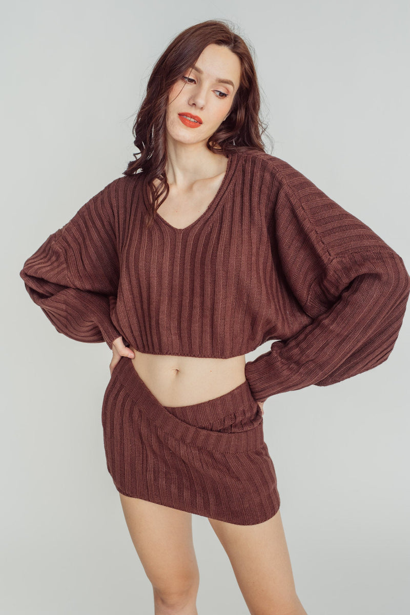 Boleyn Brown Knitted Overlap Bodycon Mini Skirt
