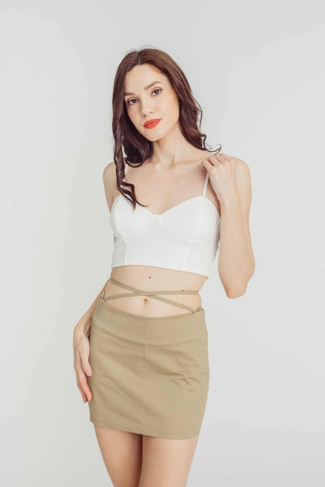 Brynleigh Khaki Back Zipper Mini Skirt with Waist Tie