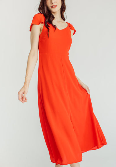 Marian Red Flowy Short Sleeves and a Slight V Neckline Midi Dress