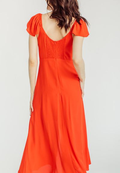 Marian Red Flowy Short Sleeves and a Slight V Neckline Midi Dress