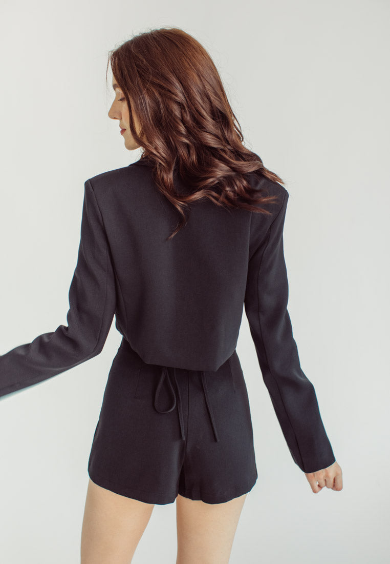 Carmin Black Notched Collar V Neck Long Sleeves Crop Blazer with Waist Tie