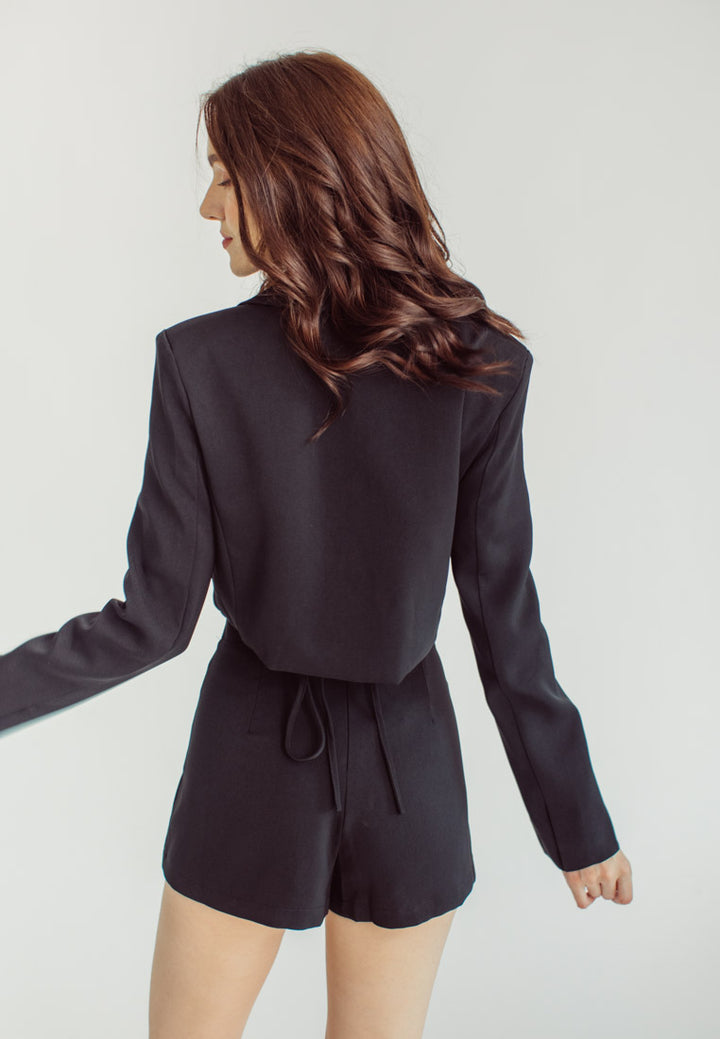 Carmin Black Notched Collar V Neck Long Sleeves Crop Blazer with Waist Tie