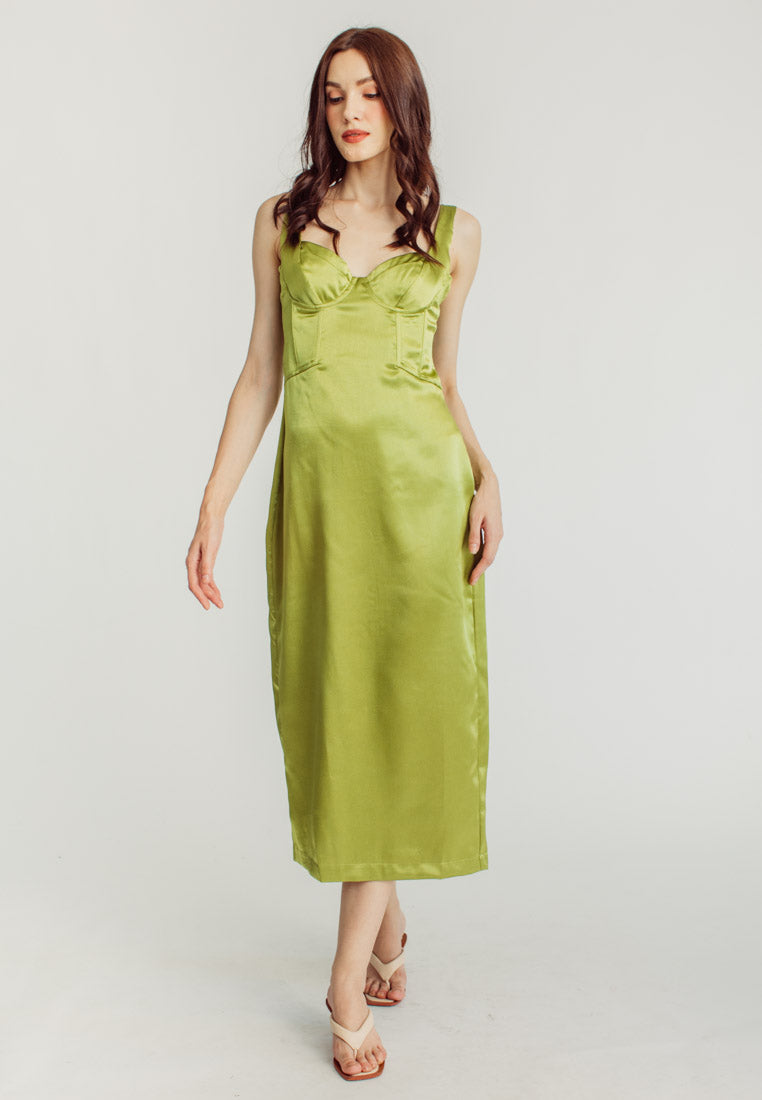 Nina Green Silk Bra Bow Strap Midi Dress