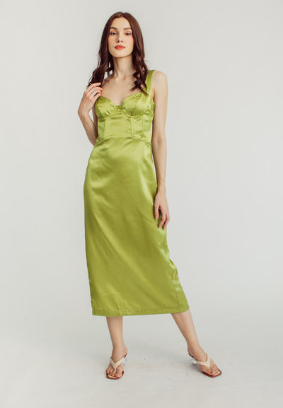 Nina Green Silk Bra Bow Strap Midi Dress