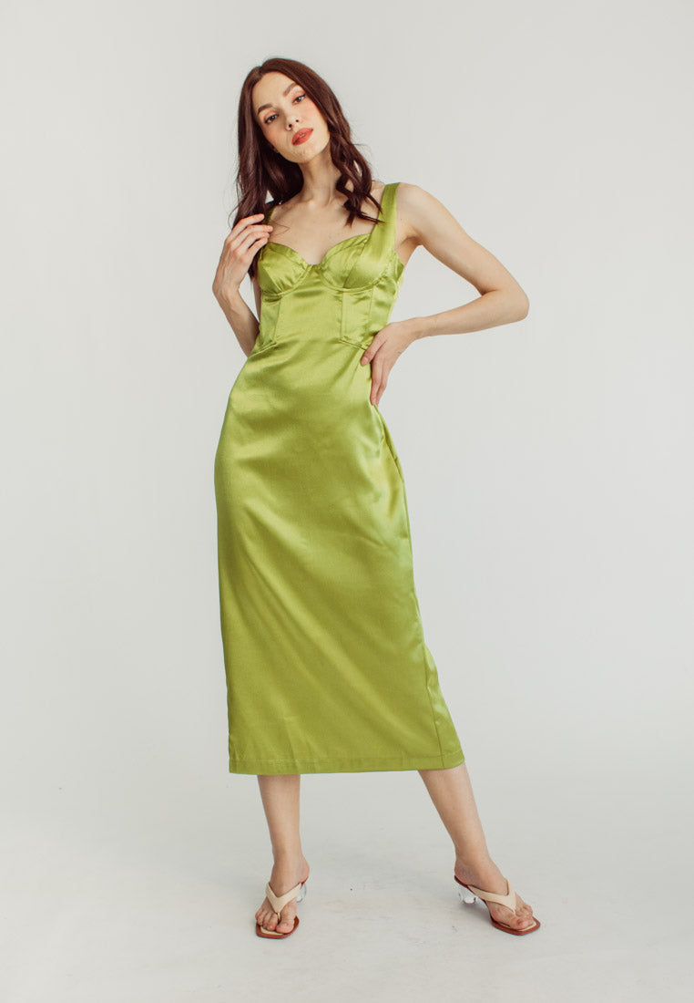 Nina Green Silk Bra Bow Strap Midi Dress