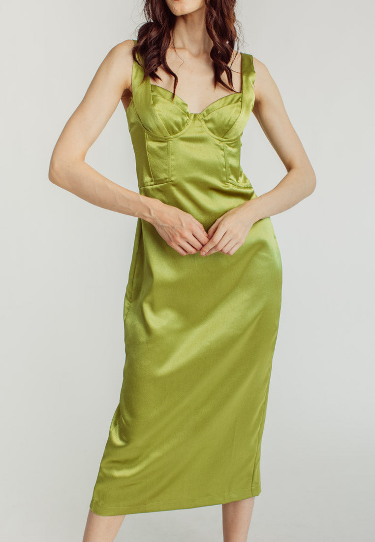 Nina Green Silk Bra Bow Strap Midi Dress