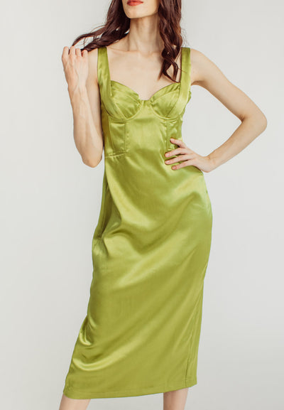 Nina Green Silk Bra Bow Strap Midi Dress