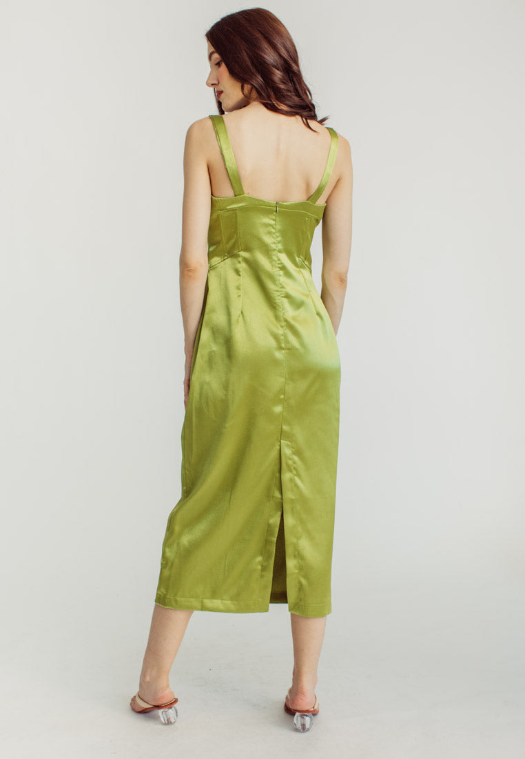 Nina Green Silk Bra Bow Strap Midi Dress