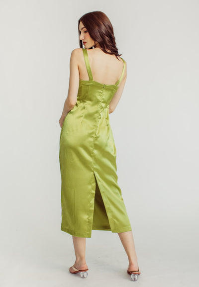 Nina Green Silk Bra Bow Strap Midi Dress