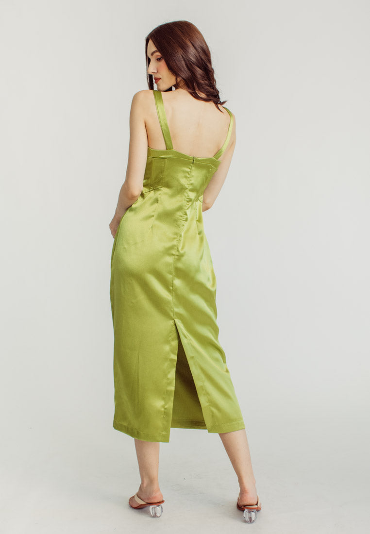 Nina Green Silk Bra Bow Strap Midi Dress