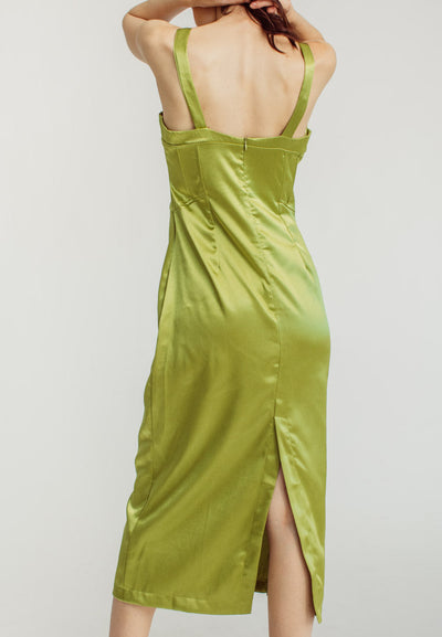 Nina Green Silk Bra Bow Strap Midi Dress