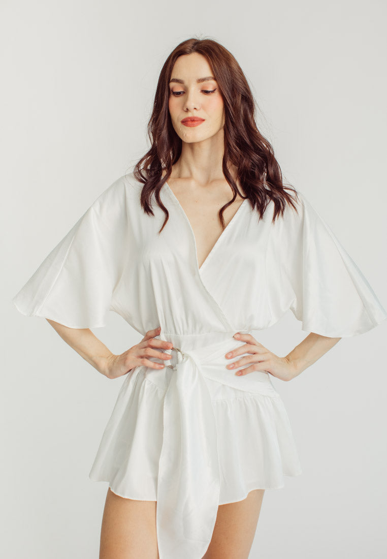 Eunice White Satin V-Neck Dolman Sleeves with Ruched Trim Waist Tie Mini Dress