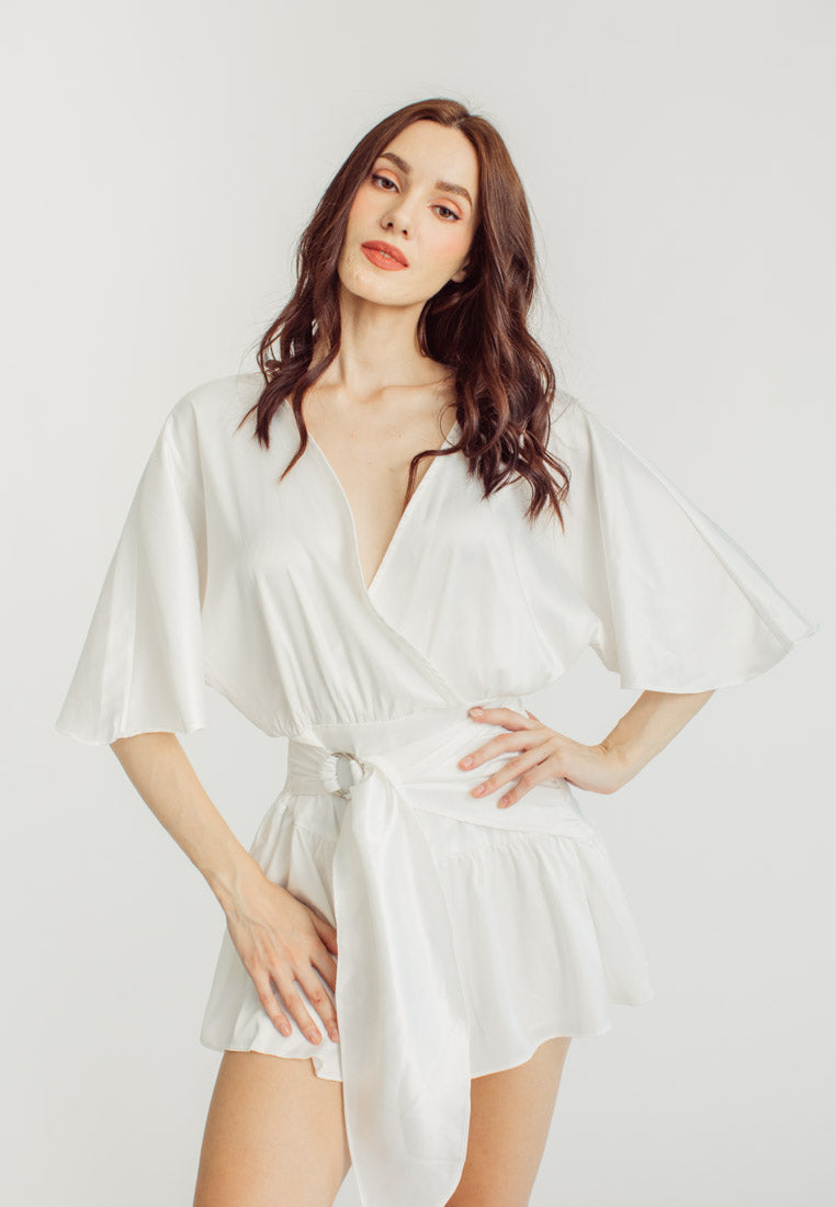 Eunice White Satin V-Neck Dolman Sleeves with Ruched Trim Waist Tie Mini Dress