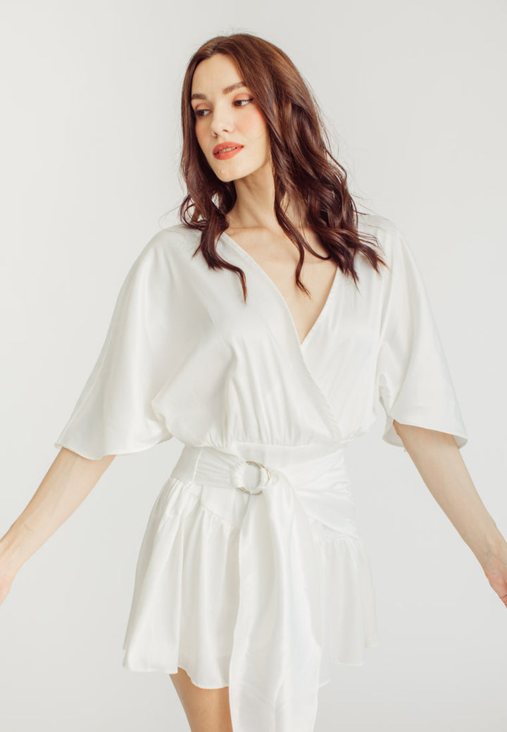 Eunice White Satin V-Neck Dolman Sleeves with Ruched Trim Waist Tie Mini Dress