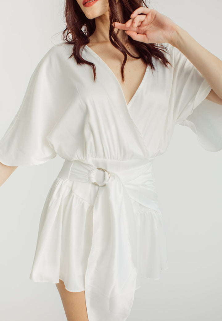 Eunice White Satin V-Neck Dolman Sleeves with Ruched Trim Waist Tie Mini Dress