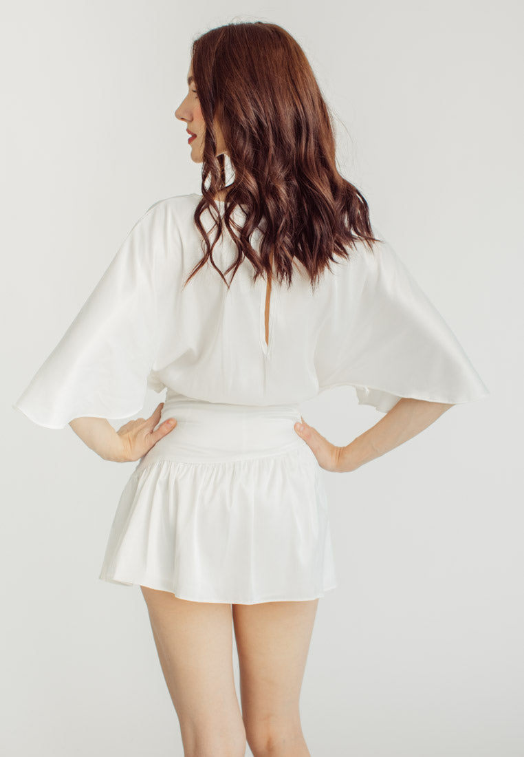 Eunice White Satin V-Neck Dolman Sleeves with Ruched Trim Waist Tie Mini Dress