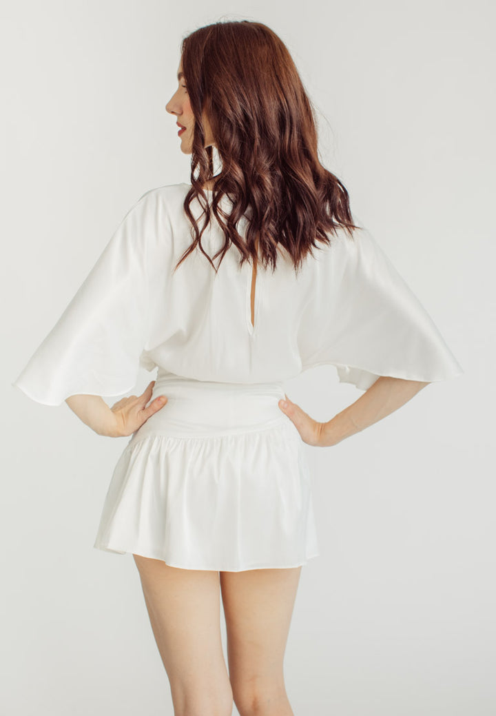 Eunice White Satin V-Neck Dolman Sleeves with Ruched Trim Waist Tie Mini Dress