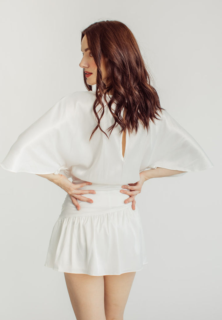 Eunice White Satin V-Neck Dolman Sleeves with Ruched Trim Waist Tie Mini Dress