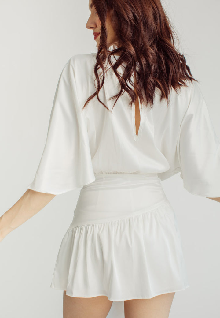 Eunice White Satin V-Neck Dolman Sleeves with Ruched Trim Waist Tie Mini Dress