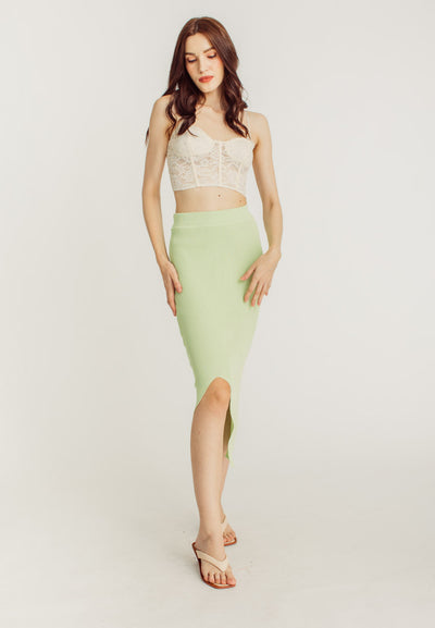 Carmel Green Knitted Elastic Waist A-Line Midi Skirt with Slit