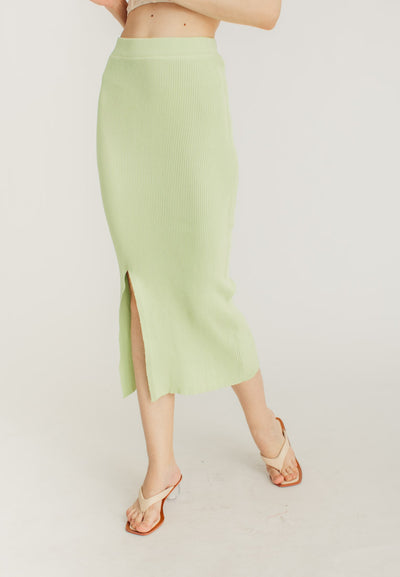 Carmel Green Knitted Elastic Waist A-Line Midi Skirt with Slit