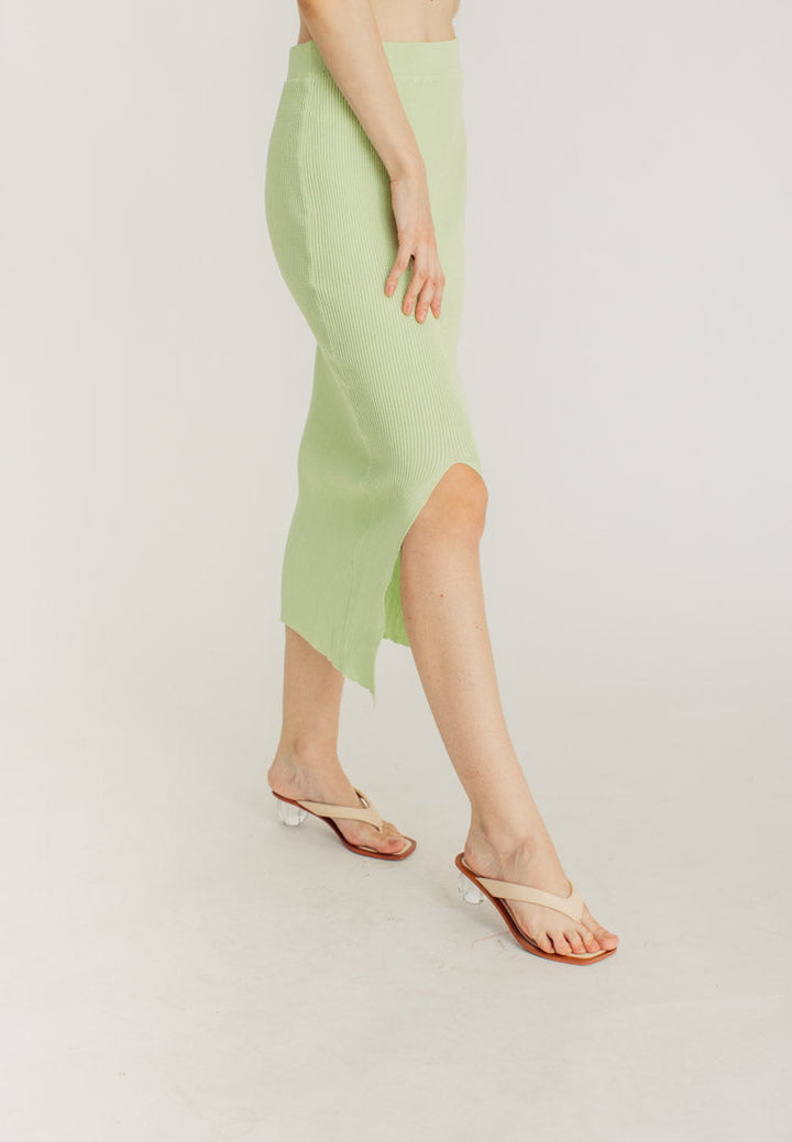 Carmel Green Knitted Elastic Waist A-Line Midi Skirt with Slit
