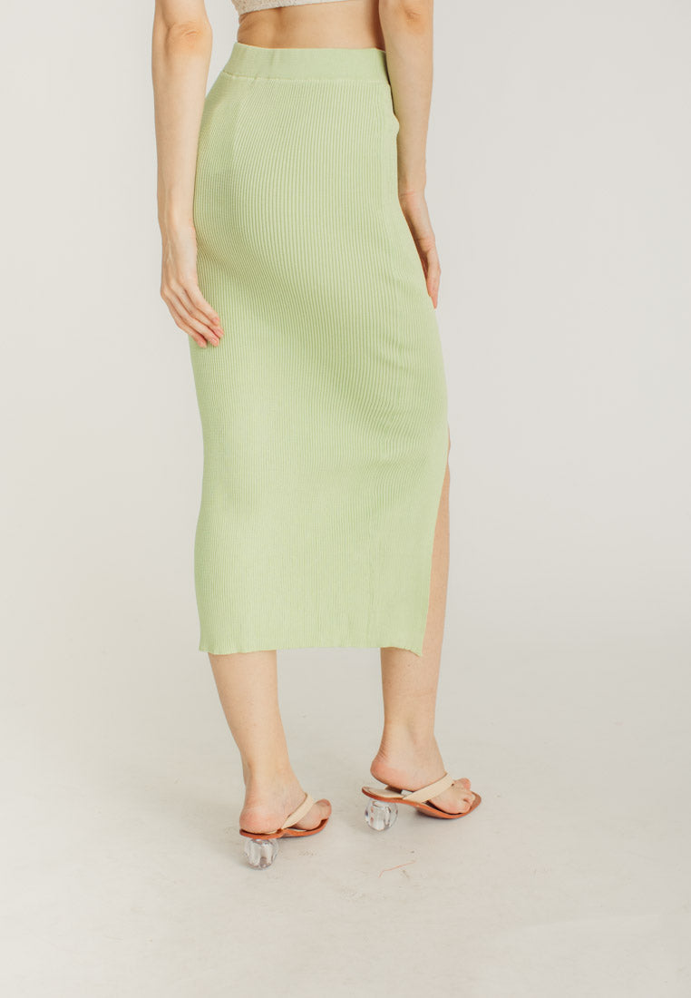 Carmel Green Knitted Elastic Waist A-Line Midi Skirt with Slit