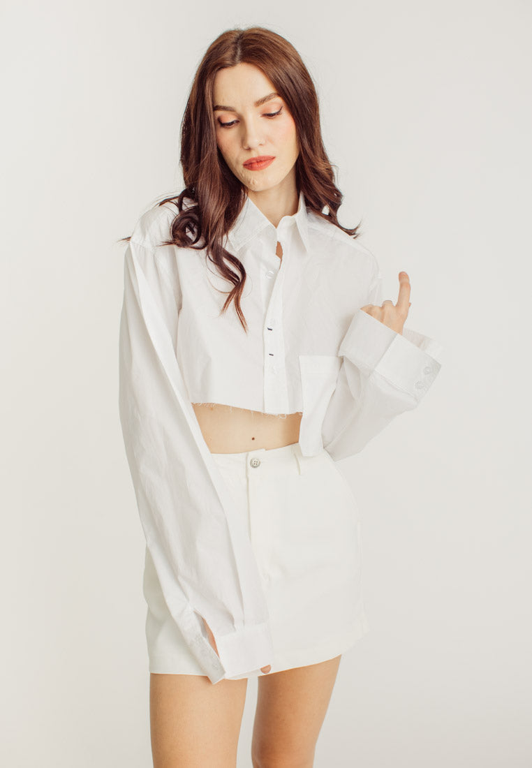 Nancy White Collar Long Sleeve Button Raw Hem Pocket Crop Shirt