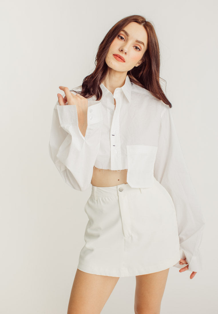 Nancy White Collar Long Sleeve Button Raw Hem Pocket Crop Shirt