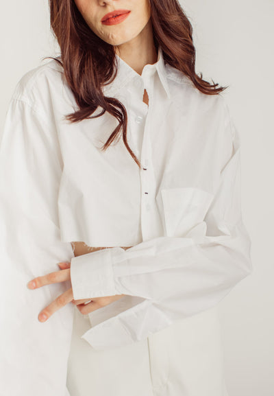 Nancy White Collar Long Sleeve Button Raw Hem Pocket Crop Shirt