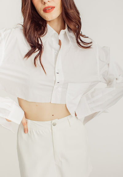 Nancy White Collar Long Sleeve Button Raw Hem Pocket Crop Shirt