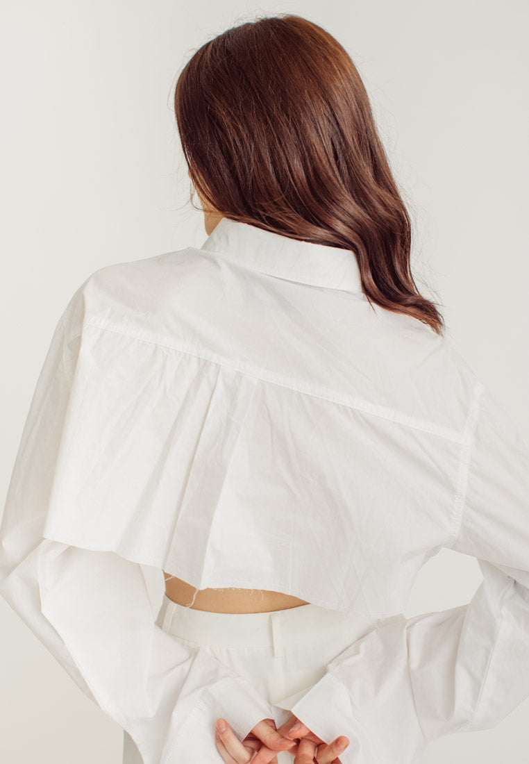 Nancy White Collar Long Sleeve Button Raw Hem Pocket Crop Shirt