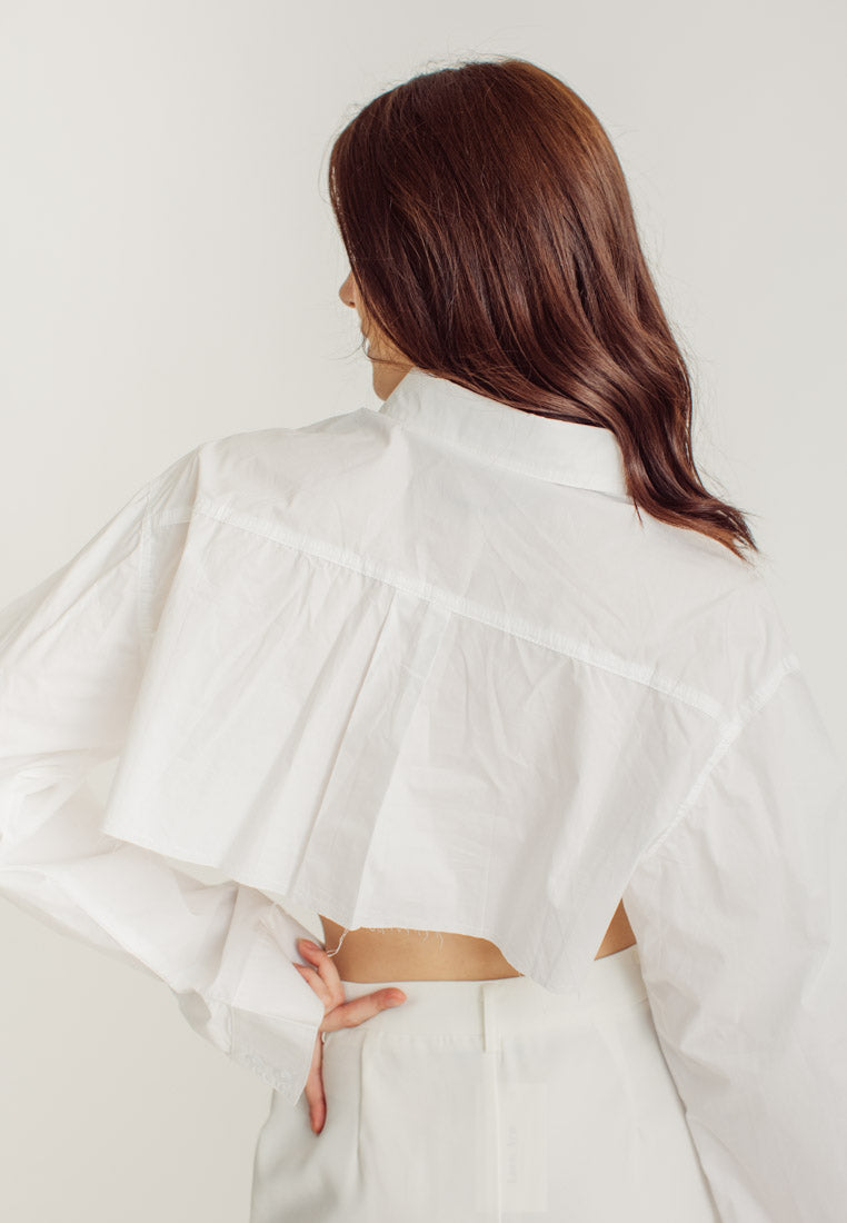 Nancy White Collar Long Sleeve Button Raw Hem Pocket Crop Shirt